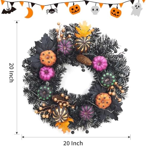 Takywep 20 Inch Halloween Wreaths for Front Door with Lights, Prelit Pumpkin Wreaths with Black Branch Berries Maple Leaves, Halloween Decorations for Indoor Outdoor Window Wall Decor - Image 2