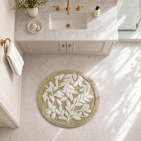 Madison Park Serene Tufted Bath Rug Cotton Absorbent, Round, Natural | Quick Dry, Soft Pile, Machine Washable, Floral Pattern, Plush, OEKO-TEX Certified