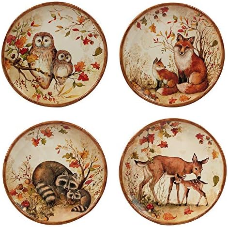 Pine Forest 10.5" Ceramic Dinner Plates, Set of 4 – Autumn Woodland Wildlife Plates with Deer, Fox, Owl & Raccoon – Great for Fall Entertaining, Thanksgiving, Rustic Table Décor by CERTIFIEDINTERNATIONAL