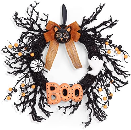 Takywep 18 Inch Halloween Wreath with Black Cat Ghost Pumpkin and Boo Sign, Spooky Halloween Door Decoration for Front Door Porch Wall Mantel Indoor Outdoor Party - Image 4