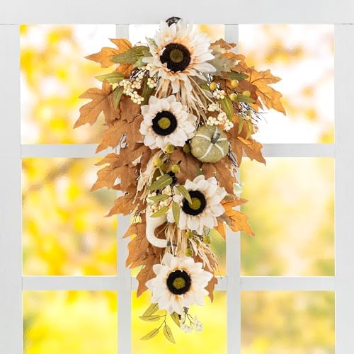 Glitzhome Neutral Fall Swag, 28 Inch Farmhouse Door Hanging with Beige Sunflowers & Pumpkins, Rattan Porch Decor for Thanksgiving by Glitzhome