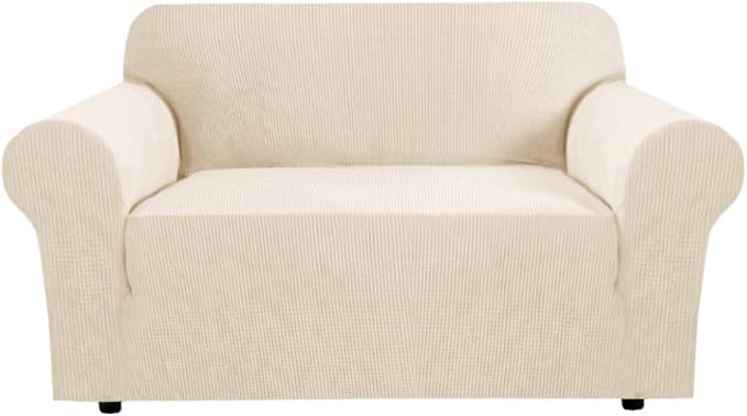 H.VERSAILTEX Stretch Couch Cover Loveseat Covers for 2 Cushion Couch Sofa Cover for Love seat 1 Piece with Elastic Bottom, Textured Checked Jacquard Fabric(Loveseat 58"-70" Wide, Natural)