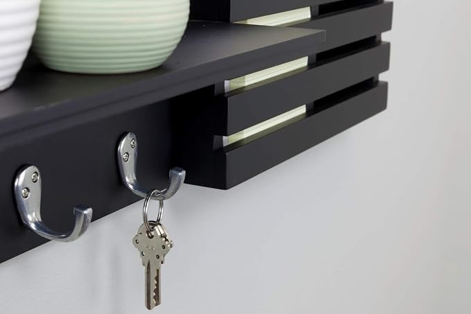 kieragrace KG Sydney Wall Shelf and Mail Holder with 3 Hooks - Black, 24"