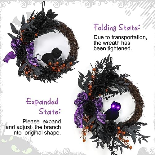 Takywep 22 Inch Halloween Wreaths for Front Door, Half Circle Prelit Owl Wreath with Lighted Eyes, Willow Leaves and Purple Bow for Porch Wall Window Fireplace Decor - Image 7