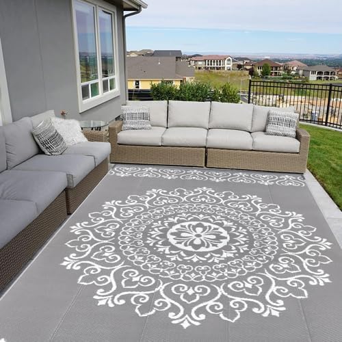 Pauwer Waterproof Outdoor Rug 8x10, Reversible Plastic Straw Patio Camping Rug, Indoor Outdoor RV Mat Carpet for Deck, Camper, Porch, Balcony, Backyard, Picnic, Floral Grey | Reversible Patio Rug, UV Resistant Indoor Outdoor RV Mat Carpet For Deck, Cam...