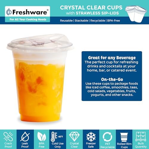 Freshware Clear Plastic Cups with Strawless Sip Lids [100 Cups - 12 oz] Disposable Tumblers for Iced Coffee, Smoothie, Milkshake, Cold Drinks - Image 2