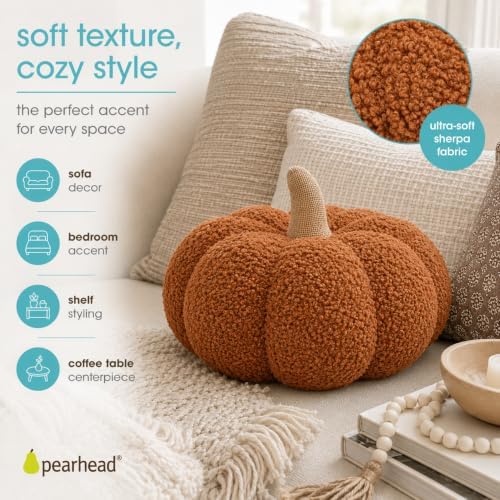 Pearhead Sherpa Pumpkin Pillow Decor, Modern Fall Home, 9", Rust Orange - Image 5