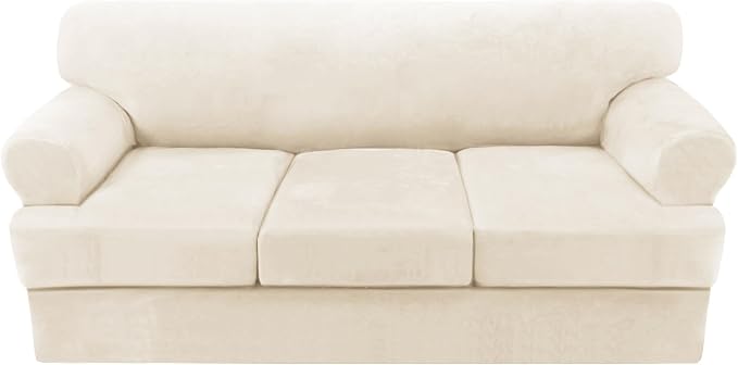 H.VERSAILTEX Sofa Cover 4 Piece T Cushion Sofa Slipcovers Thick Velvet Couch Cover Stretch T Cushion Sofa Covers for 3 Cushion Couch with 3 Individual T Cushion Covers, Cream