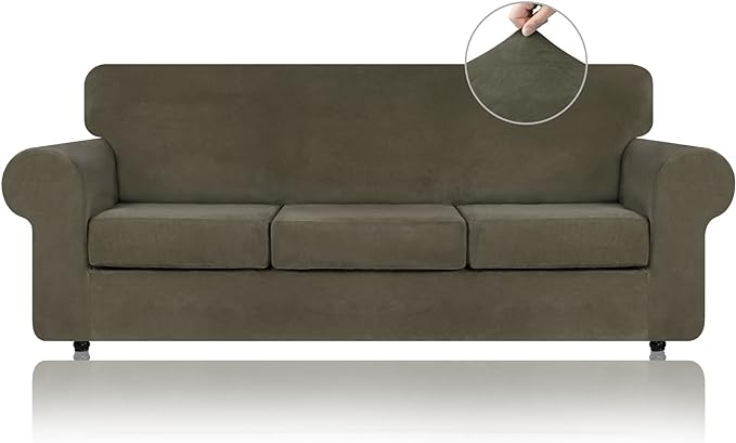 WEERRW 4 Pieces Velvet High Stretch Couch Covers for 3 Cushion Couch Sofa Slipcovers, Washable Furniture Protector with Non Slip Elastic Bottom, Feature Soft and Thick Plush Fabric, Light Brown, Large
