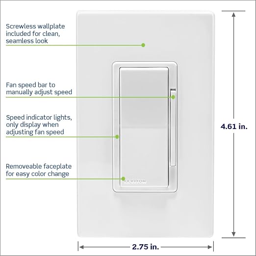 Leviton Decora Smart Fan Speed Controller,Wi-Fi 2nd Gen,Neutral Wire Required,Works with My Leviton,Alexa,Google Assistant,Apple Home/Siri&Wired or Wire-Free 3-Way,D24SF-1RW,White (Pack of 2)