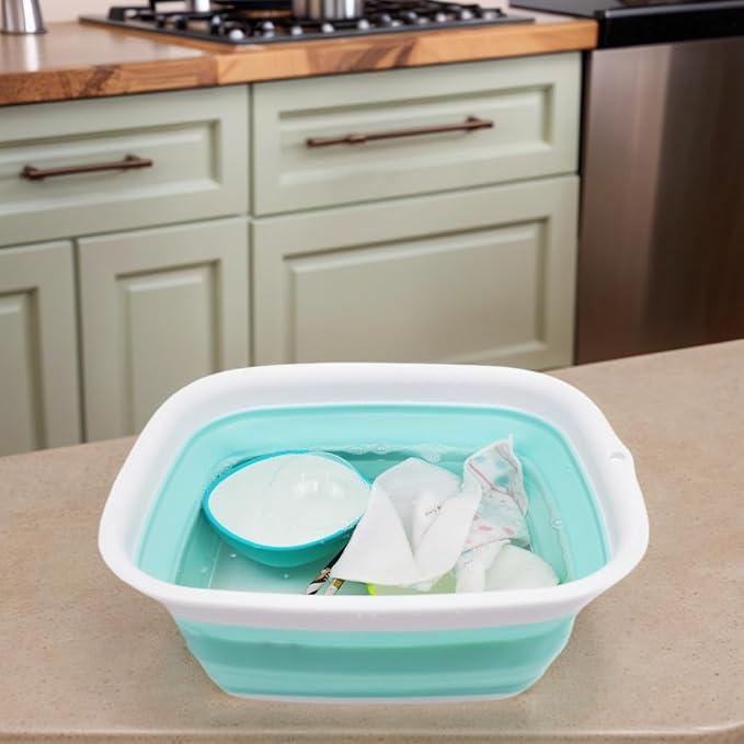 SAMMART 7.7L (2 Gallon) Collapsible Tub - Foldable Dish Tub - Portable Washing Basin - Space Saving Plastic Washtub (White/Lake Green, S)