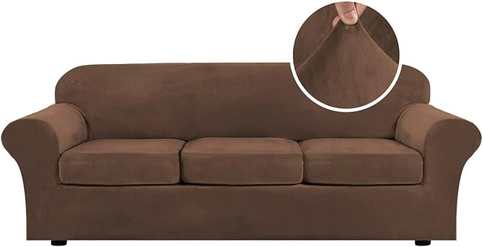 H.VERSAILTEX Velvet 4 Piece High Stretch Sofa Slipcover Cover Furniture Protector Form Fit Luxury Thick Velvet Extra Large Sofa Cover for 3 Cushion Couch Width Up to 105 Inch (XL Sofa, Caramel Cafe)