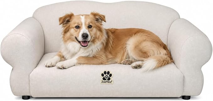 Human & Pet Sofa, Solid Pine Wood Frame Couch with High Resilience Foam, 2-in-1 Pet Furniture(Light Beige)