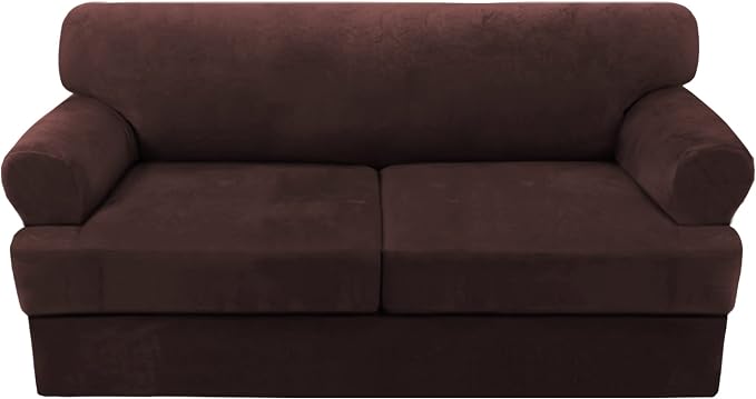 H.VERSAILTEX Sofa Cover 3 Piece T Cushion Sofa Slipcovers Thick Velvet Couch Cover Furniture Protector Stretch T Cushion Sofa Covers for 2 Cushion Couch with 2 T Cushion Covers Washable, Brown