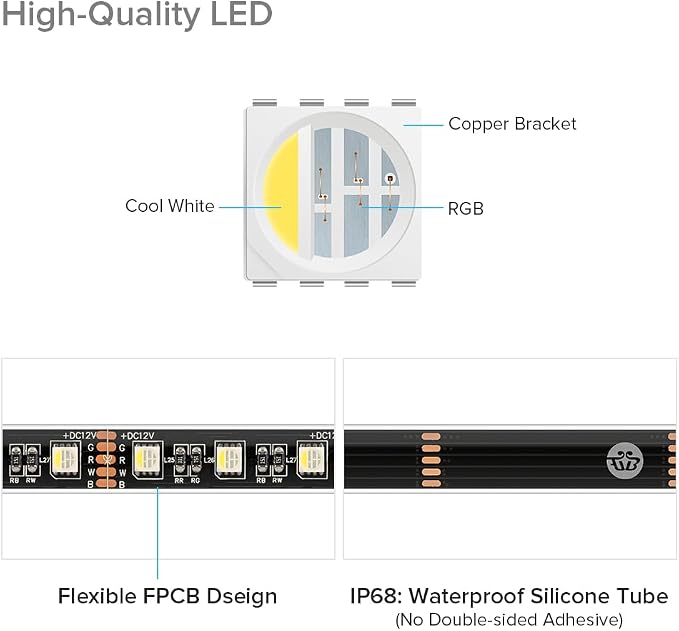 BTF-LIGHTING IP68 Waterproof Outdoor RGBW LED Strip 5050SMD RGB+Cool White(6000K-7000K) 4 Colors in 1 DC12V 5m 16.4ft 60LED/m Multi-Colored Tape Lights Can Work Outdoor(No Adapter or Controller)