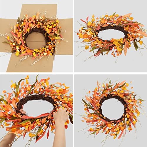 20" Artificial Fall Wreath for Front Door Orange Fall Leave Wreath Autumn Wreath with Colorful Autumn Foliage and Grain Farmhouse Fall Door Wreath for Harvest Thanksgiving Fall Decorations - Image 5