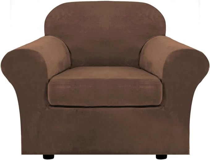 H.VERSAILTEX Rich Velvet Stretch 2 Piece Cover Chair Slipcover Sofa Cover Furniture Protector Couch Soft with Elastic Bottom Chair Couch Cover with Arms Width Up to 49 Inch(Chair, Caramel Cafe)