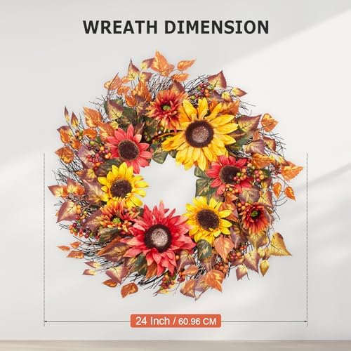 24 Inch Fall Wreath for Front Door, Harvest Wreath with Sunflower, Berries, Leaves, Autumn Wreath for Thanksgiving Farmhouse Harvest Indoor and Outdoor - Image 3