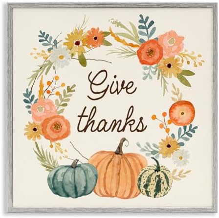 Thanksgiving Pumpkin Wreath Sentiments, 24 x 24 Inch Framed Giclée Print by StupellIndustries
