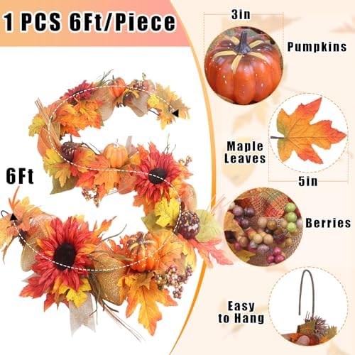 Fall Garland for Mantle,6FT Fall Leaves Pumpkin Garland with Berries/Ribbon for Christmas Autumn Decoration,Great Farmhouse Fall Decor for Home. - Image 4