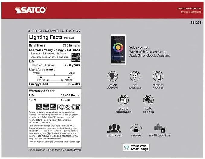 Satco S11276 Starfish BR30 WiFi Smart LED Color-Changing Light Bulb, Works with Siri, Alexa, Google Assistant, SmartThings, 2700K-5000K, 2-Pack