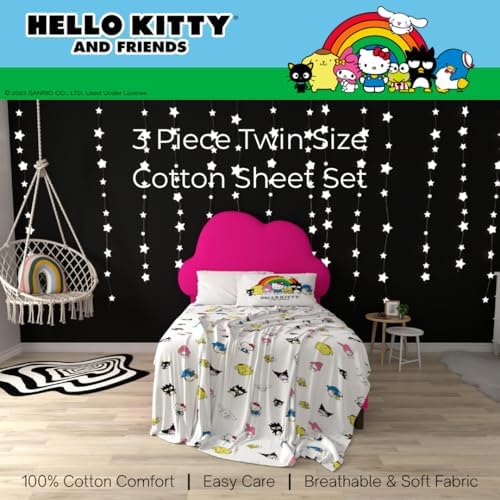 Hello Kitty & Friends Bedding Super Soft Cozy Cotton 3 Piece Twin Sheet Set, (Officially Licensed Product) By Franco