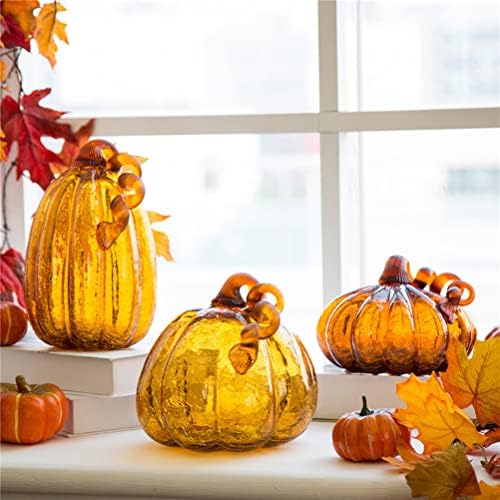 Glitzhome Handblown Amber Crackle Glass Pumpkin for Fall Harvest Decorating (5.51" H) - Image 5