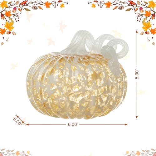Glitzhome Fall Glass Pumpkin Decor Hand Blown Glass Pumpkin Table Top Home Decor for Fall Harvest & Thanksgiving Decorating, 5" H, Amber