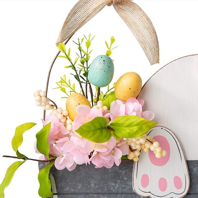 Glitzhome Easter Wooden Bucket Shaped Bunny Wall Hanging Art Sign Decor, 18"H