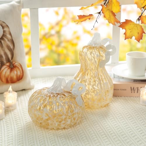 Glitzhome Fall Glass Pumpkin Decor Hand Blown Glass Pumpkin Table Top Home Decor for Fall Harvest & Thanksgiving Decorating, 5" H, Amber