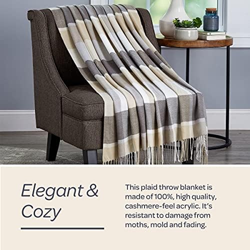Lavish Home Soft Throw Blanket, Gray/Tan Plaid, 60” x 70” - Image 3
