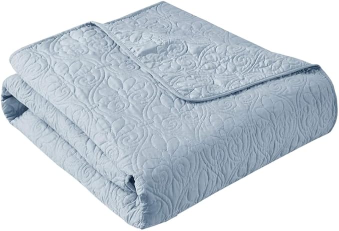 Madison Park Damask Quilting Design Throw Blanket, 60"x70" | Summer, Reversible & Oversized Throw for Living Room Couch, Sofa, Bed, Soft Pre-washed Microfiber, Cotton Filled Spread, Blue