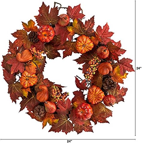 Nearly Natural 24 in Autumn Maple Leaves, Pumpkins, and Berries Fall Wreath - Image 2