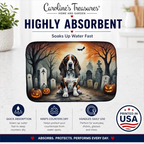 Caroline's Treasures DAC2010DDM Basset Hound Spooky Halloween Dish Drying Mat Absorbent Dish Drying Mat Pad for Kitchen Counter Dish Drainer Mat for Countertop, 14 x 21", Multicolor