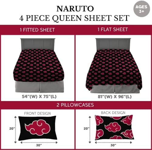 Naruto Akatsuki Anime Bedding Super Soft Microfiber Queen Sheet Set, (Official Licensed Naruto Product) by Franco