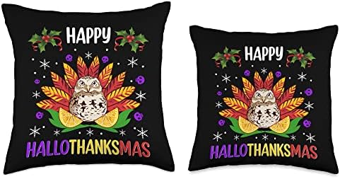 Halloween Thanksgiving Christmas Owl Happy HalloThanksMas Throw Pillow - Image 3