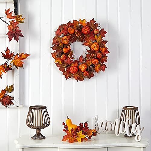 Nearly Natural 24 in Autumn Maple Leaves, Pumpkins, and Berries Fall Wreath - Image 3