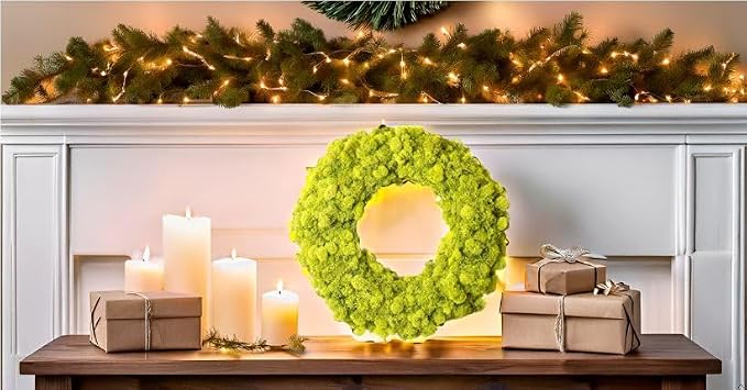SuperMoss (25189) Lush Reindeer Moss Wreath – Handcrafted Preserved Moss Wreath for Home Décor, Indoor & Sheltered Outdoor Use, Made in USA, 12”, Chartreuse