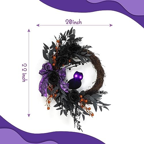Takywep 22 Inch Halloween Wreaths for Front Door, Half Circle Prelit Owl Wreath with Lighted Eyes, Willow Leaves and Purple Bow for Porch Wall Window Fireplace Decor - Image 2