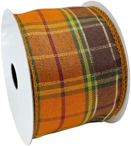 Morex Ribbon Fall Harvest Plaid Wired Ribbons, Fall Home Décor, Orange and Brown, Golden Metallic, 5 Pack 2-1/2" x 10yd - Image 3