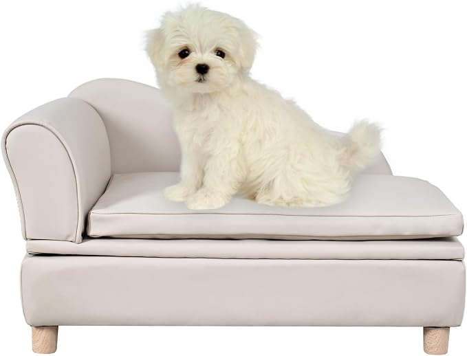 PU Leather Dog Sofa and Chair with Storage - Wooden Frame Cat Sofa Couch with Cushion,Small Pet Bed Sofa for Puppy and Cats (Pearl White)