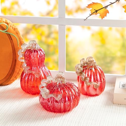 Glitzhome Hand Blown Glass Pumpkin Decor 6" Red - Artisan Fall Harvest Thanksgiving Table Centerpiece Halloween Home Decor - Image 3
