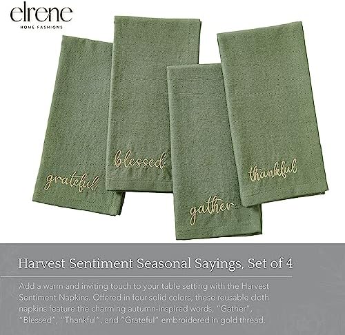 Threadmade Harvest Sentiment Embroidered Napkins, Set of 4, Green - 17" W x 17" L - Image 2