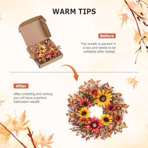 24 Inch Fall Wreath for Front Door, Harvest Wreath with Sunflower, Berries, Leaves, Autumn Wreath for Thanksgiving Farmhouse Harvest Indoor and Outdoor - Image 5