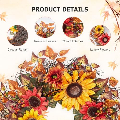 24 Inch Fall Wreath for Front Door, Harvest Wreath with Sunflower, Berries, Leaves, Autumn Wreath for Thanksgiving Farmhouse Harvest Indoor and Outdoor - Image 4