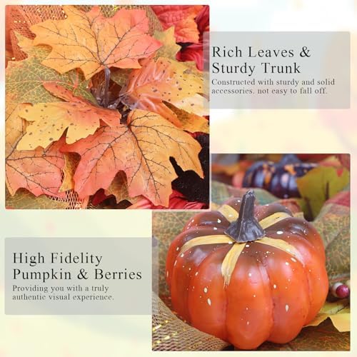 Fall Garland for Mantle,6FT Fall Leaves Pumpkin Garland with Berries/Ribbon for Christmas Autumn Decoration,Great Farmhouse Fall Decor for Home. - Image 2