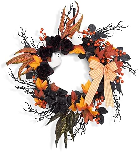 Takywep 26 Inch Halloween Wreaths for Front Door, Ghost Wreath with Black Roses Feathers and Maple Leaves, Spooky Indoor Outdoor Door Hanging Decorations Porch Wall Home Decor - Image 2