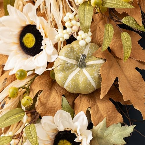 Glitzhome Neutral Fall Swag, 28 Inch Farmhouse Door Hanging with Beige Sunflowers & Pumpkins, Rattan Porch Decor for Thanksgiving - Image 7