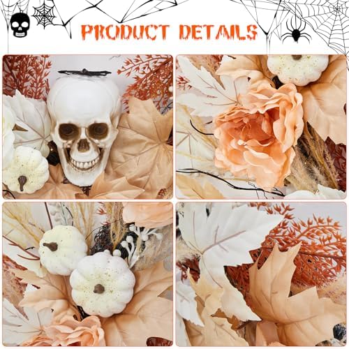 Takywep Pre-Lit 22 Inch Halloween Wreath for Front Door with 20 LED Lights, Skull Wreath with White Pumpkins Maple Leaves, Halloween Fall Thanksgiving Decor for Indoor Outdoor - Image 5