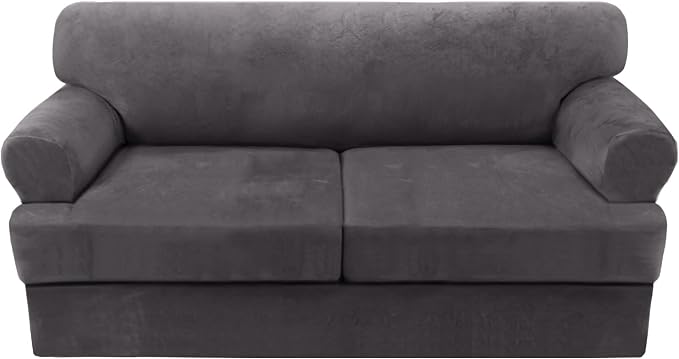 H.VERSAILTEX Sofa Cover 3 Piece T Cushion Sofa Slipcovers Thick Velvet Couch Cover Furniture Protector Stretch T Cushion Sofa Covers for 2 Cushion Couch with 2 T Cushion Covers Washable, Grey